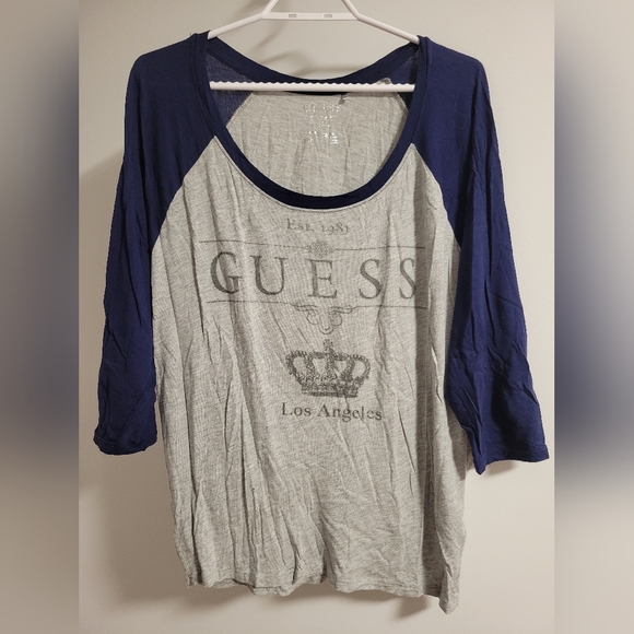 Guess 3/4 Sleeve Length Shirt, Large, Navy Blue and Gray - Picture 1 of 3